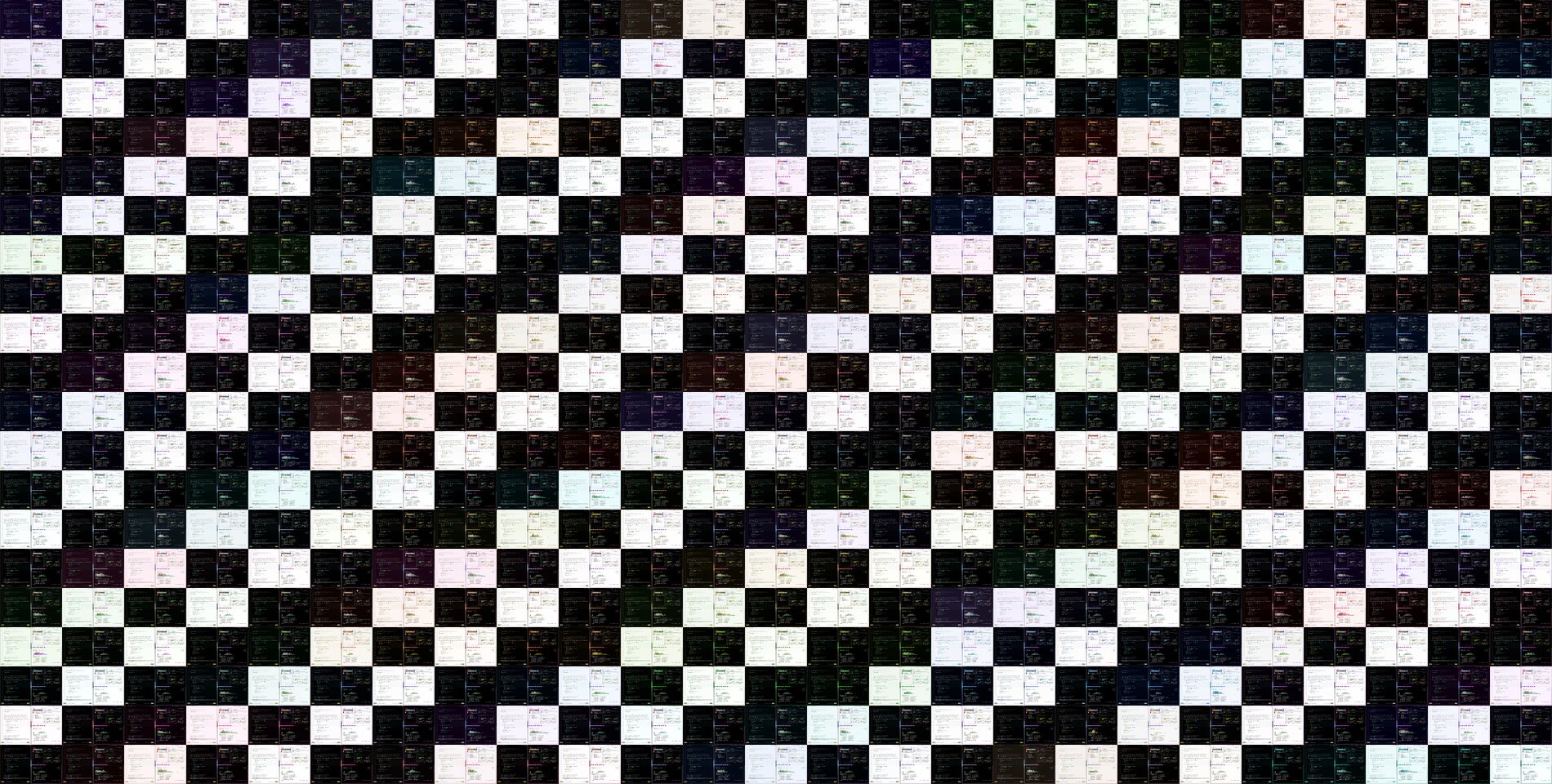 All 500 themes applied to the same workspace. Each row shows 5 themes in their 5 variants.