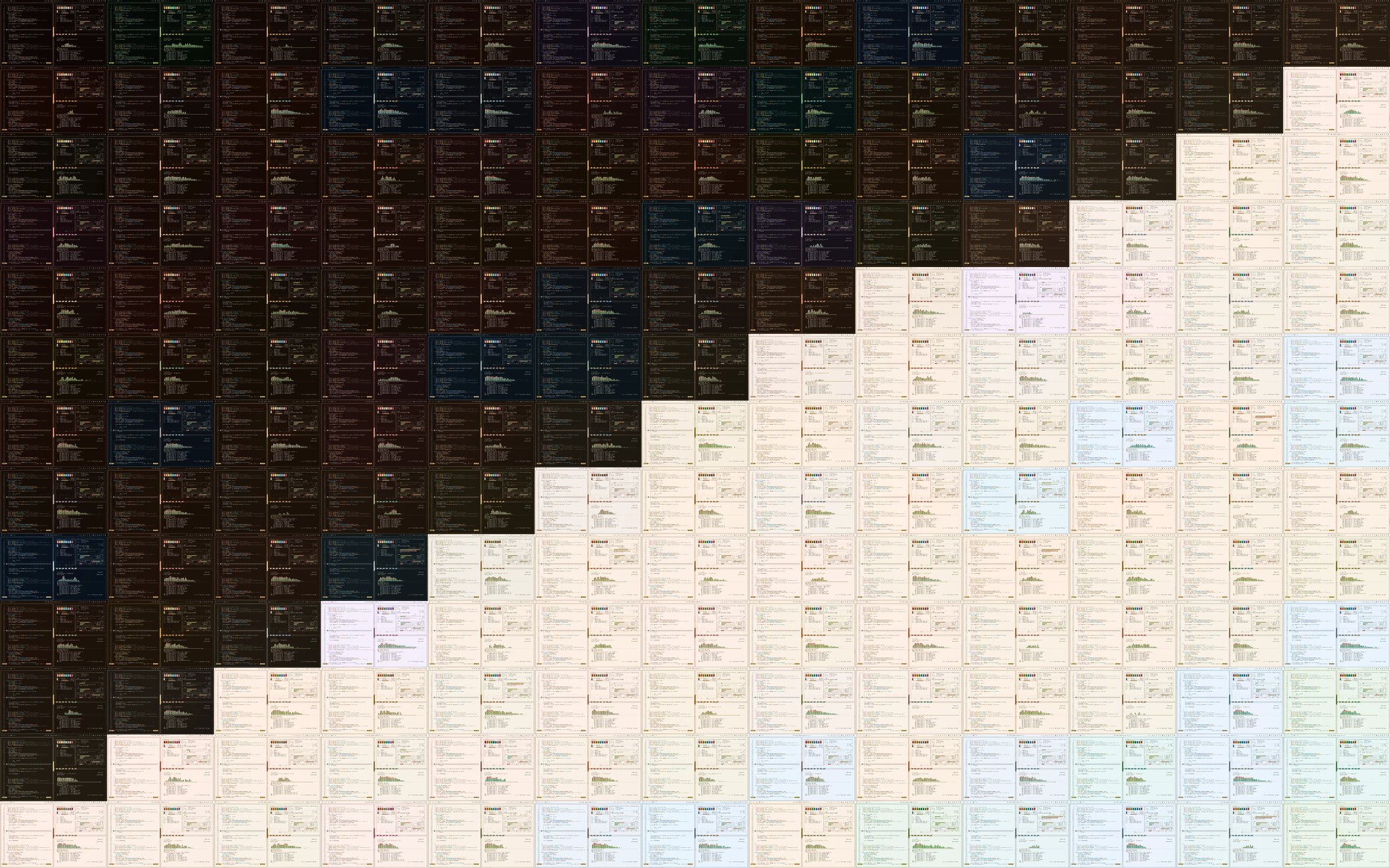 All 164 themes applied to the same desktop, from the darkest night to the lightest day.
