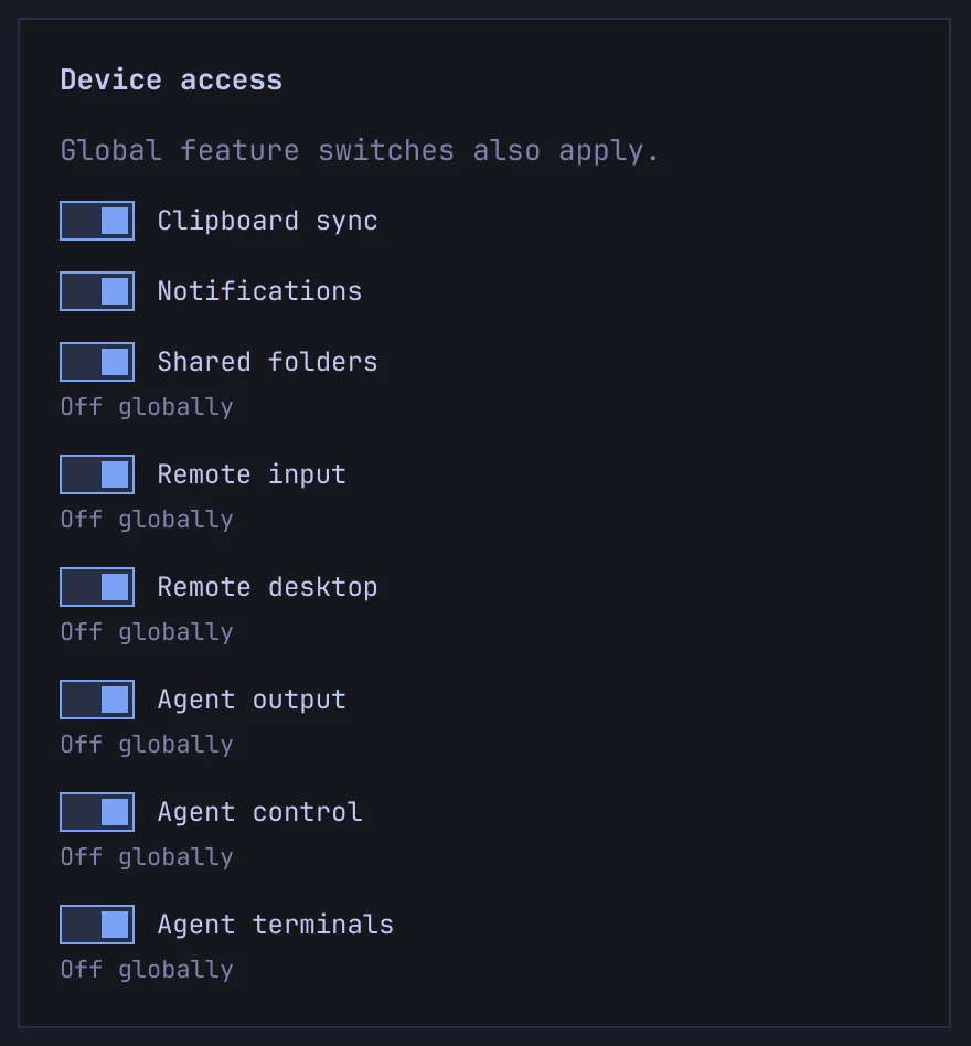 The Device access switches of a Pixel 8 in the Flux window: Clipboard sync, Notifications, Shared folders, Remote input, Remote desktop, Agent output, Agent control, and Agent terminals. All switches except Clipboard sync and Notifications show Off globally.