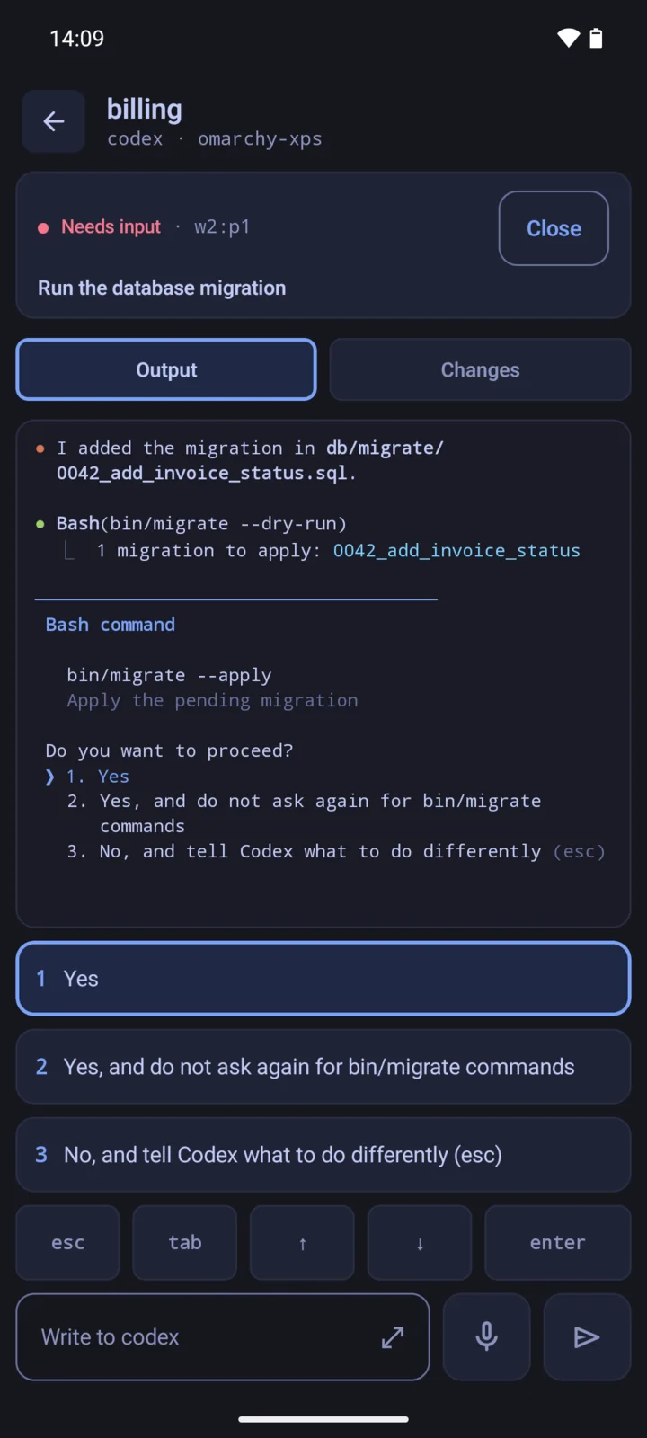 The output of the Codex agent on the phone, with Output and Changes tabs, the 3 choices, and a text field.