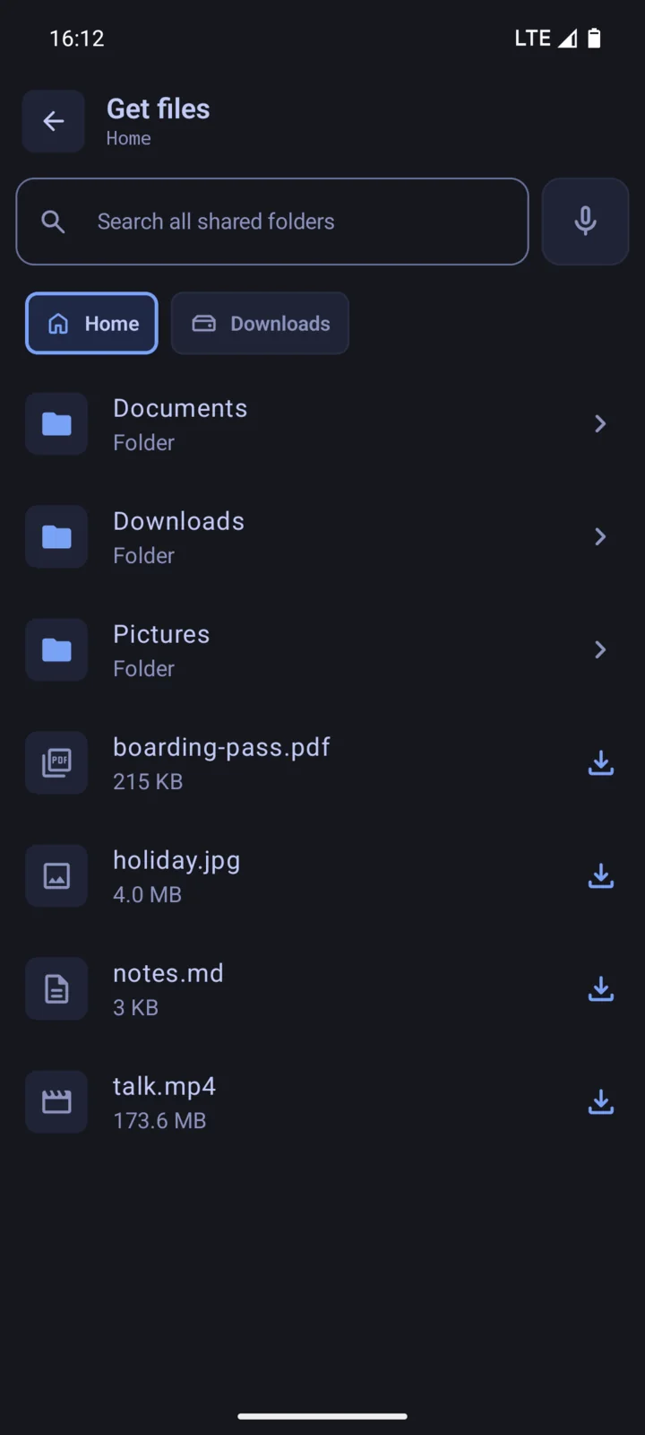 Get files shows the home folder of the computer, with a search field, folders, and files to download.
