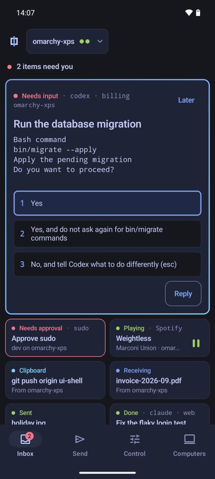 The Flux Inbox on an Android phone at 14:07. The master tile shows the question of a Codex agent: run bin/migrate --apply. It has 3 numbered choices and a Reply button.
