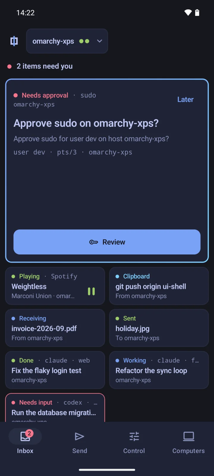 The Inbox at 14:22 with the request Approve sudo on omarchy-xps in the master tile, and a Review button.
