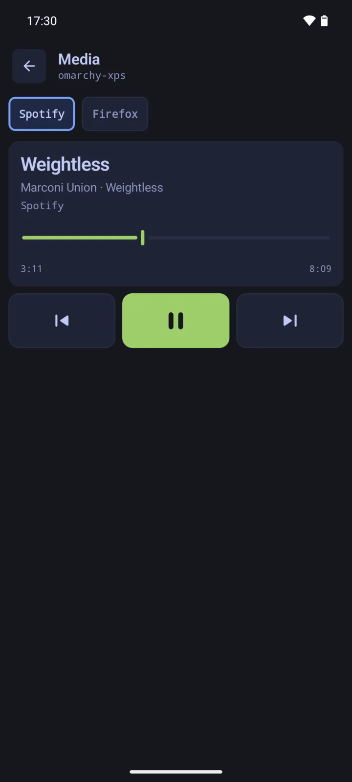 The Media screen with the song Weightless, a seek bar, and the previous, pause, and next buttons.