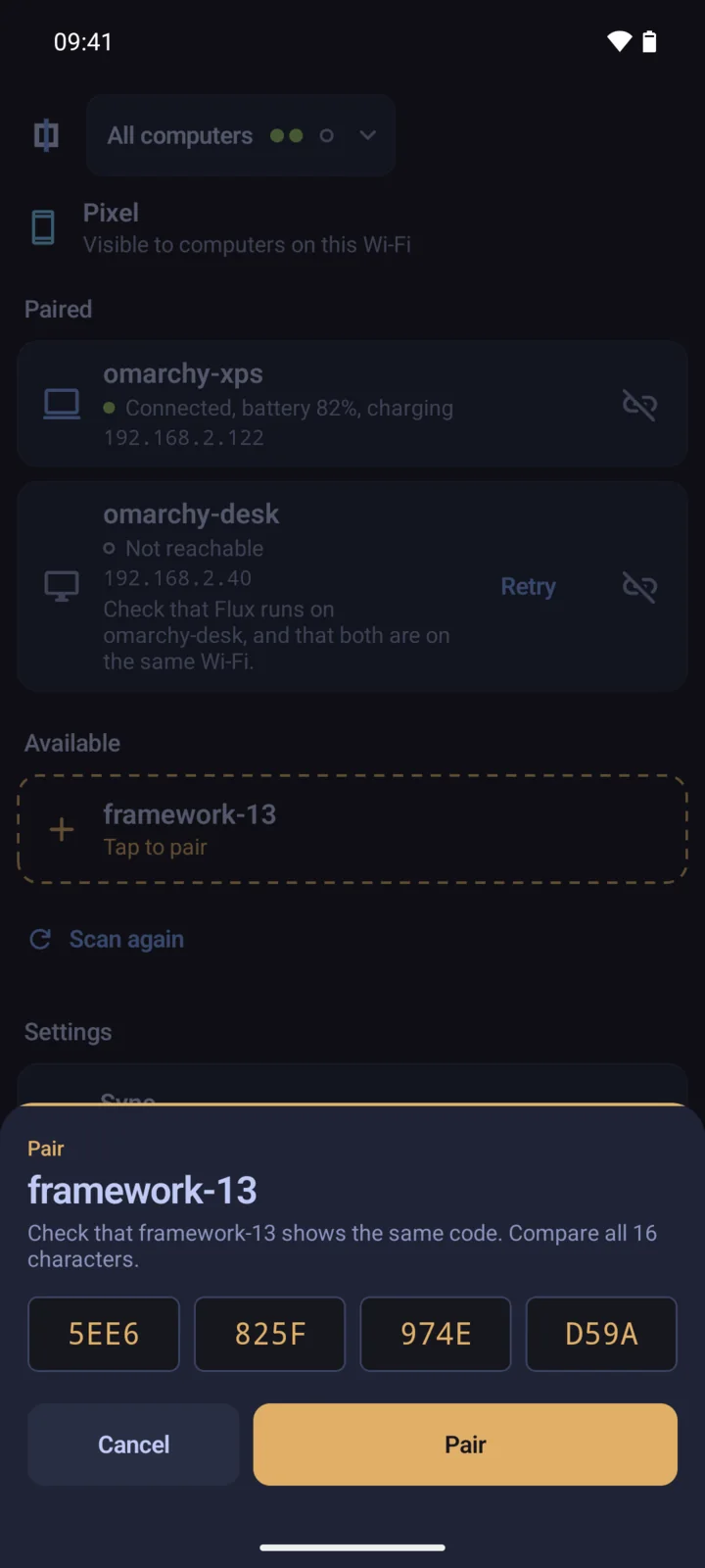 The pairing sheet on the phone for framework-13, with the key 5EE6 825F 974E D59A in 4 blocks, and the buttons Cancel and Pair.