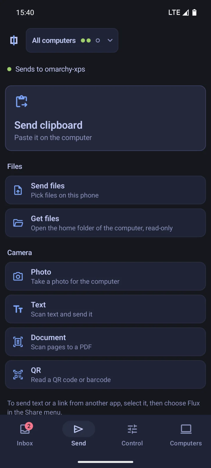 The Send screen on mobile data, with Send clipboard, Send files, Get files, and the camera tools.