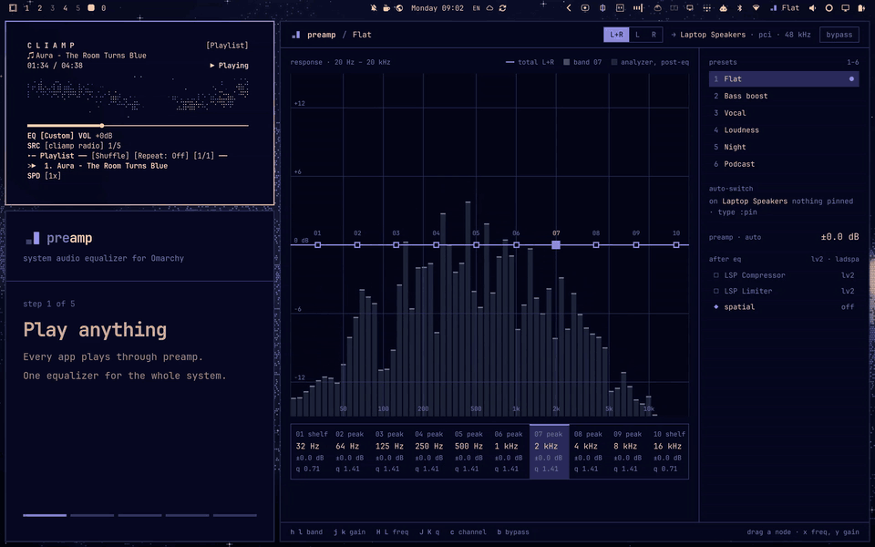 preamp on Omarchy: a preset from the bar, a band in the window, then bypass to compare