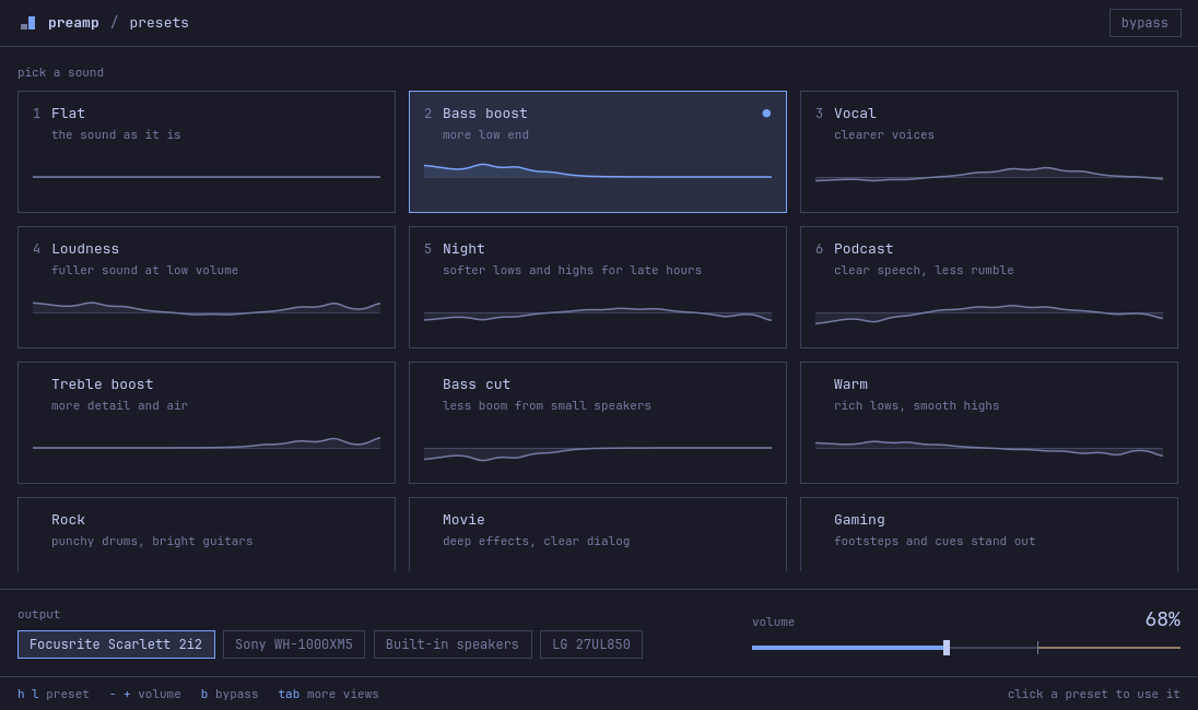The presets view: one card for each preset with its curve, the output and the volume